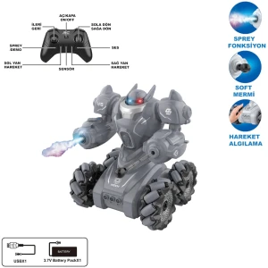 Vardem - Uzaktan Kumandalı Full Fonksiyon Şarjlı  Işıklı Roket ve Buhar Atan Robot Araba